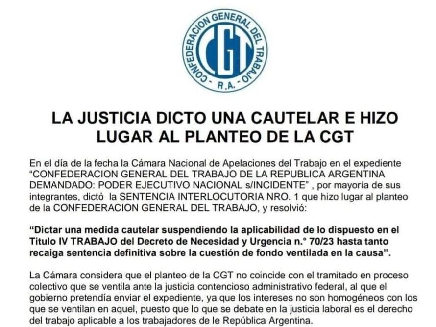 DNU: La Justicia hizo lugar al planteo de la CGT - Soyem Bariloche